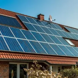 Czerwony dach dwuspadowy z panelami fotowoltaicznymi i kolektorem słonecznym; widoczna antena satelitarna, okna dachowe i ceglana elewacja domu.