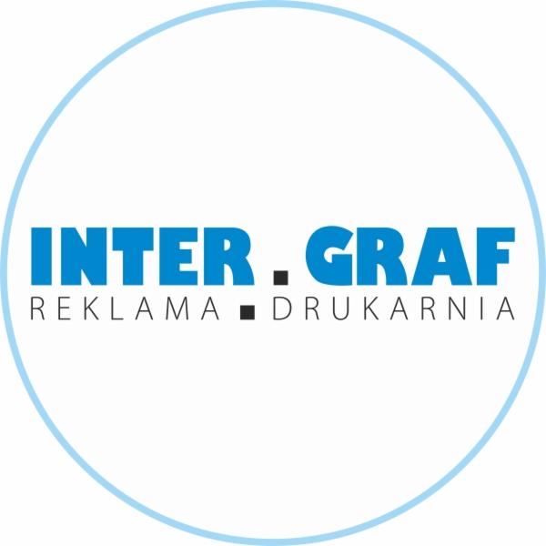 Okrągłe logo firmy Inter.Graf z niebieskim obramowaniem, zawierające nazwę w kolorze niebieskim oraz dopisek 'Reklama Drukarnia' z czarnym kwadratem pomiędzy słowami.