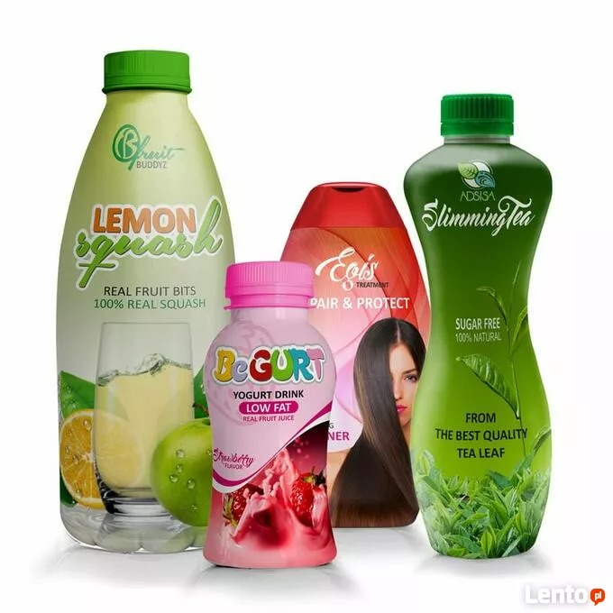 Różnorodne napoje w butelkach i opakowaniach, w tym lemoniada, jogurt pitny i herbata odchudzająca, prezentowane w Ochojno.