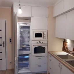 Biała zabudowa kuchenna z otwartą lodówką Samsung, piekarnikiem i mikrofalówką w stylu retro, widoczne niedokończone podłączenie oświetlenia sufitowego.