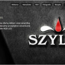 Strona internetowa firmy oferującej usługi reklamowe, z logo firmy 'Szyldy' w jasnych, trójwymiarowych literach na ciemnym, teksturowanym tle. W lewym górnym rogu logo firmy, a obok menu...