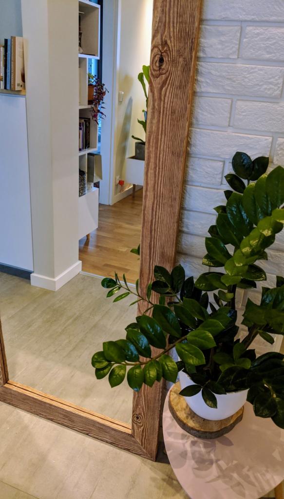 Duże lustro w drewnianej ramie z efektem postarzanego drewna, odbijające wnętrze mieszkania z białą biblioteczką i drewnianą podłogą, obok lustra roślina doniczkowa na okrągłym stoliku.