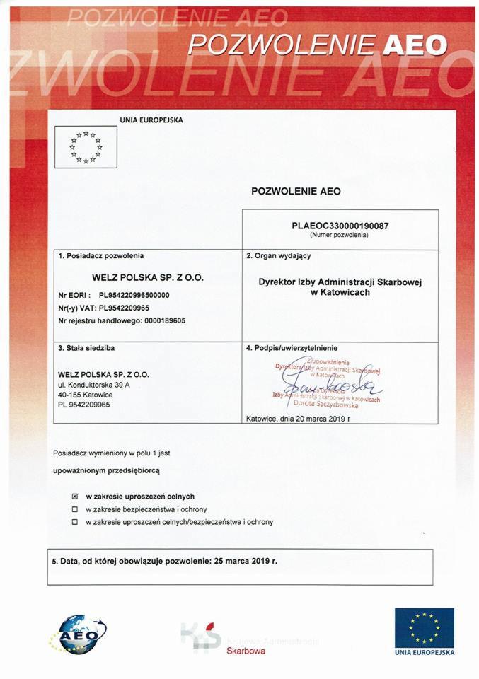 Skan dokumentu 'Pozwolenie AEO' dla firmy WELZ POLSKA SP. Z O.O., wydany przez Dyrektora Izby Administracji Skarbowej w Katowicach, z datą 20 marca 2019 roku.