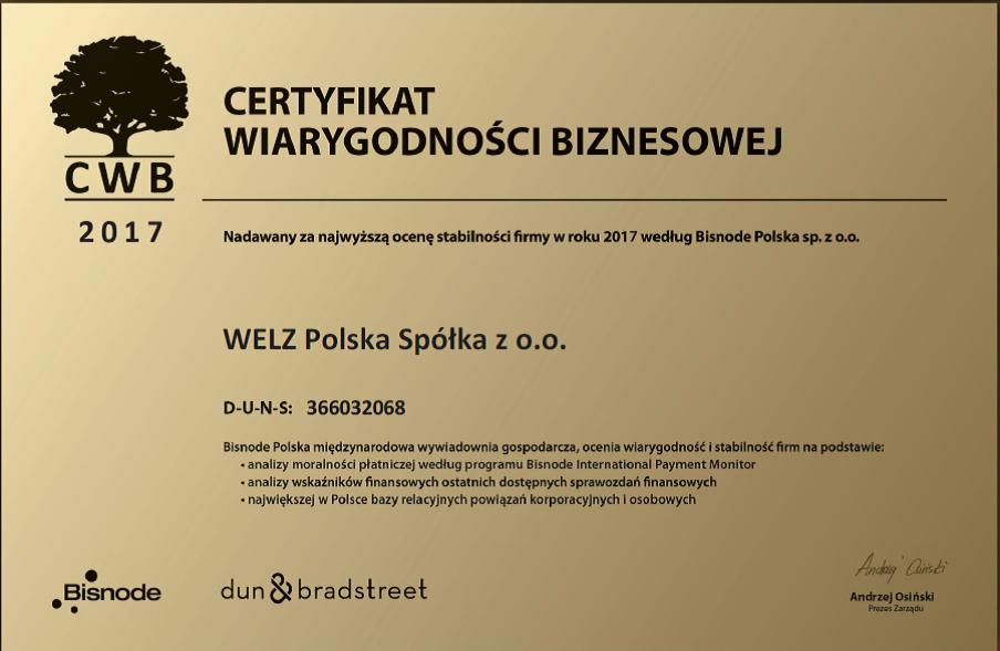 Certyfikat Wiarygodności Biznesowej dla WELZ Polska Spółka z o.o. przyznany przez Bisnode w 2017 roku, z logo Bisnode i Dun & Bradstreet.