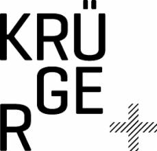 Czarno-białe logo firmy KRÜGER z ukośnymi kreskami w kształcie plusa w prawym dolnym rogu.