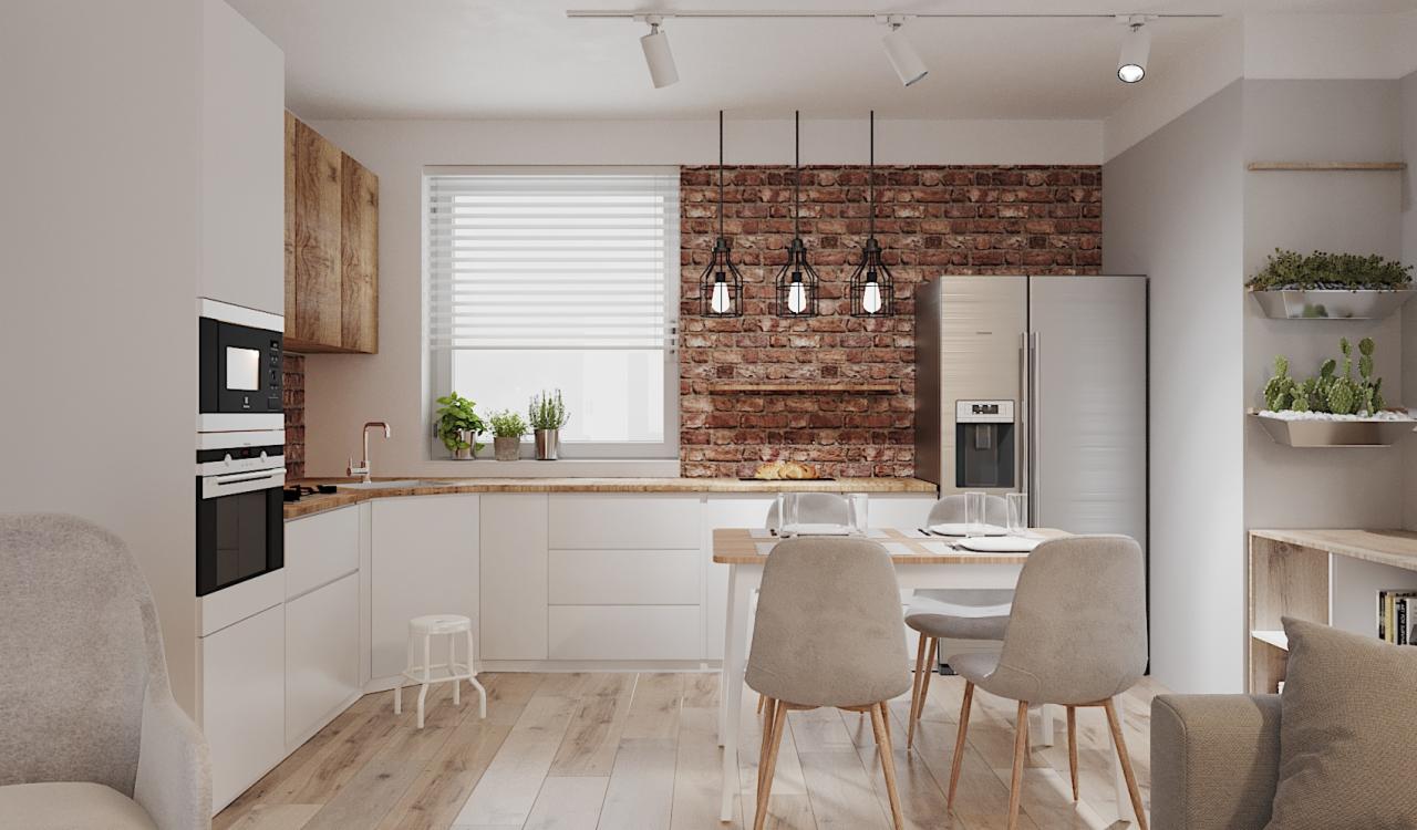 Wnętrze kuchni z ceglaną ścianą, drewnianymi blatami, białymi szafkami i stołem jadalnym z krzesłami w odcieniach szarości.