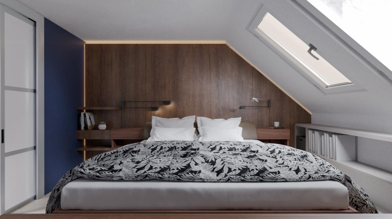 Sypialnia na poddaszu z drewnianą ścianą, oświetleniem punktowym, oknem dachowym i pościelą w roślinny wzór.