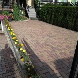 Aquadis - Kolorowa kostka brukowa ułożona w jodełkę na podjeździe, z rabatą kwiatową wzdłuż murku i zielonym żywopłotem w tle.