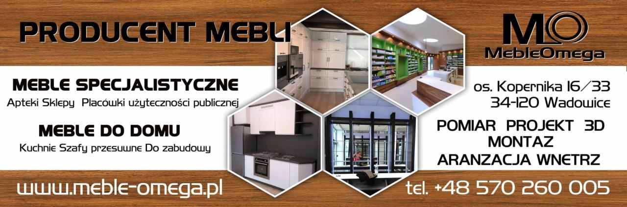 Kompozycja zdjęć mebli: kuchnia w bieli, apteka z zielonymi regałami, oraz przesuwne drzwi szklane, prezentacja producenta mebli na tle imitującym drewno.