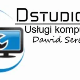 Logo firmy DStudio-PC oferującej usługi komputerowe, z motywem monitora i klucza francuskiego, oraz postacią w garniturze