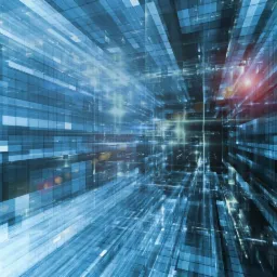 Abstrakcyjna wizualizacja danych: perspektywa głębi z niebieskich bloków i linii, akcentowana punktowymi źródłami światła i subtelną czerwoną poświatą w tle.