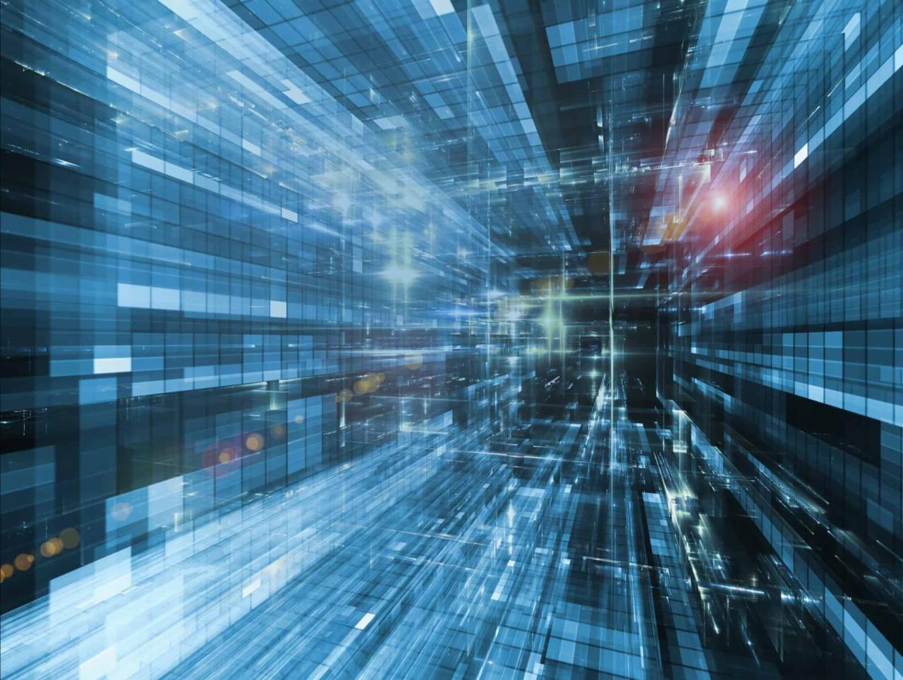 Abstrakcyjna wizualizacja danych: perspektywa głębi z niebieskich bloków i linii, akcentowana punktowymi źródłami światła i subtelną czerwoną poświatą w tle.