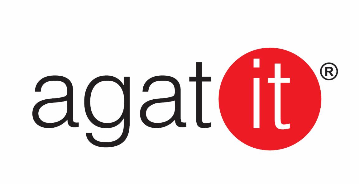 Logo firmy Agat IT z czarnym napisem 'agat' i czerwonym okręgiem z białym 'it' oraz symbolem zastrzeżonego znaku.