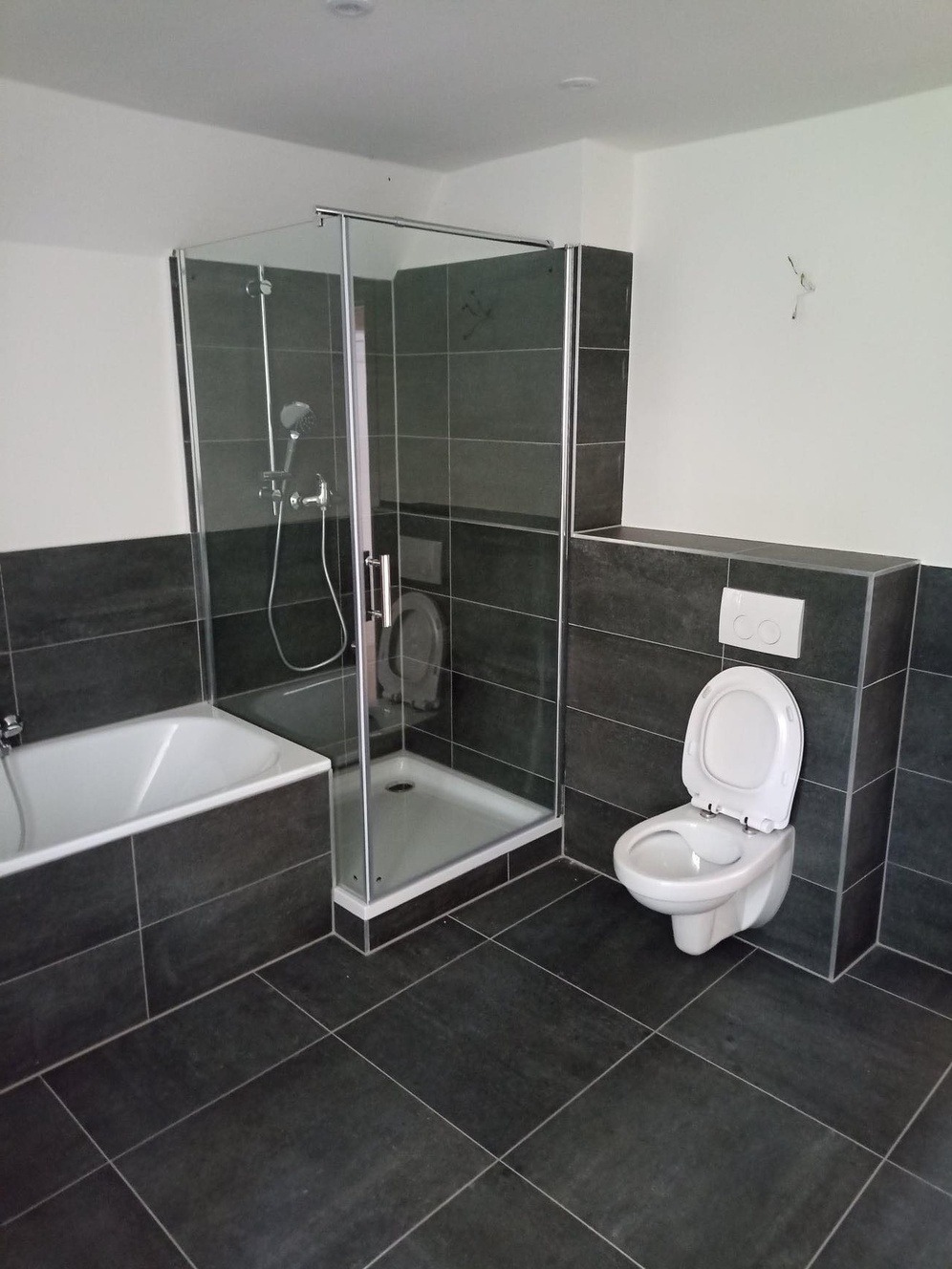 Nowoczesna łazienka z ciemnymi płytkami, kabiną prysznicową ze szklanymi drzwiami, wanną i podwieszaną toaletą z otwartą klapą.