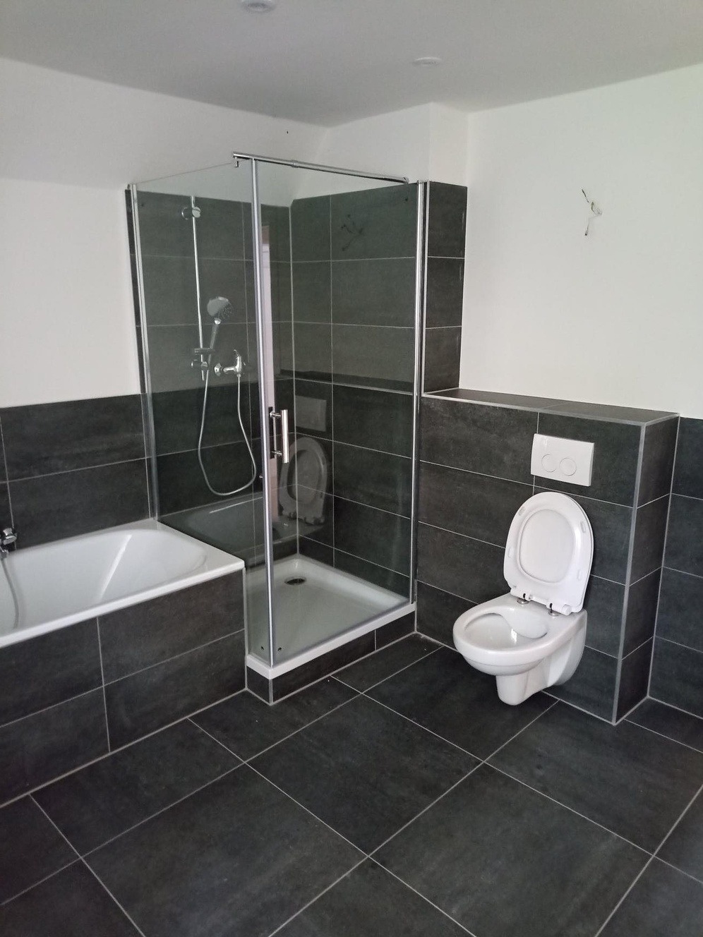 Nowoczesna łazienka z ciemnymi płytkami, kabiną prysznicową ze szklanymi drzwiami, białą wanną i podwieszaną toaletą z otwartą klapą.