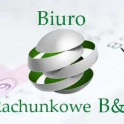 Logo biura rachunkowego B&J z Gorzowa Wielkopolskiego na tle rozmytych dokumentów finansowych i dłoni z długopisem.