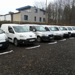 Rząd zaparkowanych aut dostawczych różnych marek, w tym Fiat i Peugeot, stojących na żwirowym parkingu z fragmentami śniegu, na tle budynku i drzew.