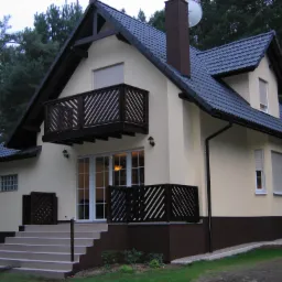 Gotowy dom z kremową elewacją, ciemnobrązowym cokołem, grafitową dachówką, drewnianymi balustradami balkonów i schodami wejściowymi, na tle zielonego lasu.