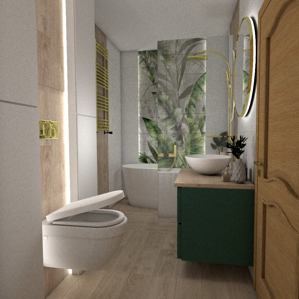 Wizualizacja nowoczesnej łazienki z motywem tropikalnych liści na ścianie, złotymi akcentami armatury i oświetlenia oraz drewnopodobną podłogą, z umywalką nablatową na zielonej szafce i podwieszaną...