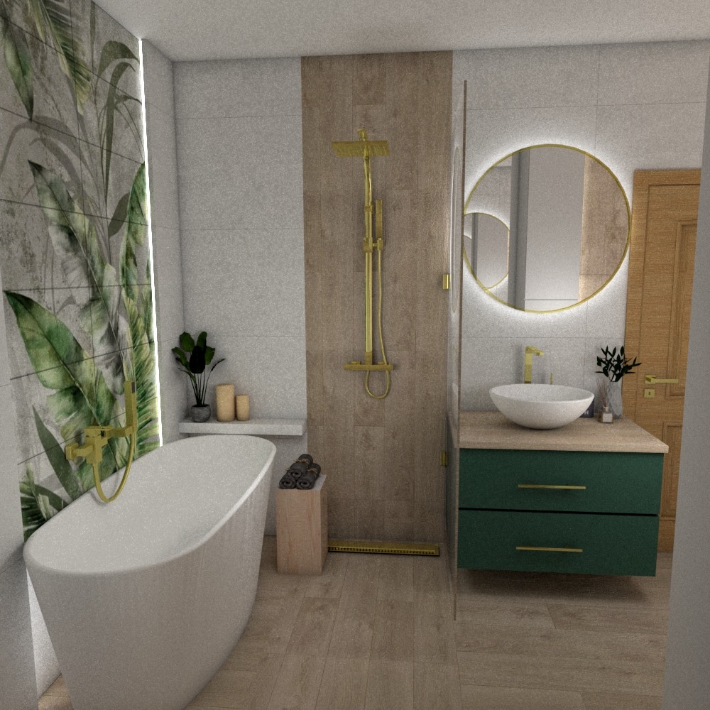Wizualizacja łazienki z wolnostojącą wanną, złotą armaturą i umywalką nablatową na zielonej szafce, akcentem roślinnym na ścianie i podświetlanym lustrem.