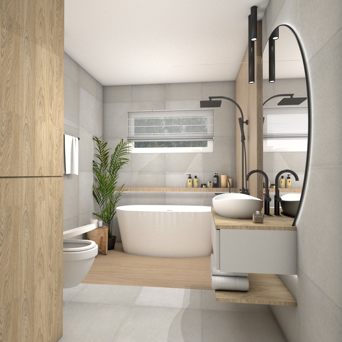 Wizualizacja przestronnej łazienki z wolnostojącą wanną, umywalką nablatową, owalnym lustrem z podświetleniem LED oraz drewnianymi akcentami i rośliną doniczkową.