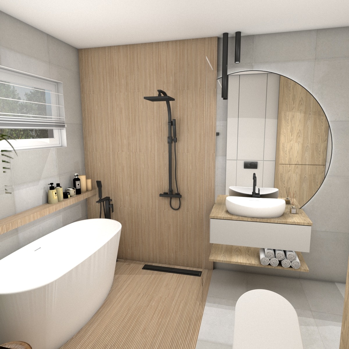 Nowoczesna łazienka z drewnianą okładziną ścienną, owalną wanną wolnostojącą, czarną armaturą i okrągłym lustrem z podświetleniem LED.