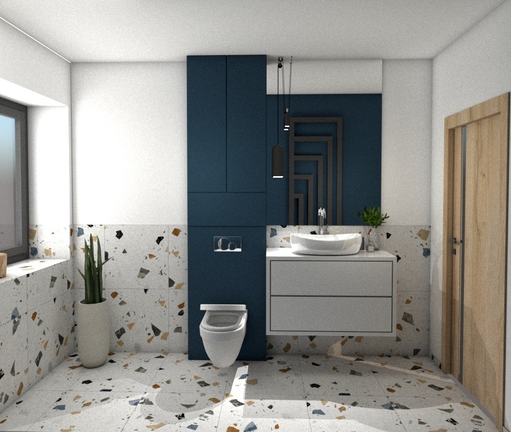 Nowoczesna łazienka z terrazzo, wiszącą szafką z umywalką, zabudową w kolorze granatowym i wiszącą toaletą.