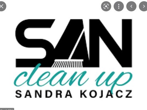 Logo firmy sprzątającej 'SAN clean up' Sandra Kojacz, z graficznym elementem szczotki wkomponowanym w literę 'A'.