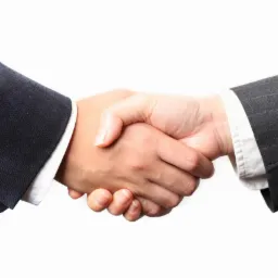 Uścisk dłoni dwóch mężczyzn w garniturach na białym tle, symbolizujący zawarcie umowy lub partnerstwo biznesowe.
