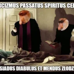 Humorystyczny obraz przedstawiający dwóch mężczyzn z głowami małp nosaczy, ubranych w stroje przypominające sutanny, wykonujących egzorcyzmy nad osobą leżącą w łóżku, z tekstem w języku łacińskim...