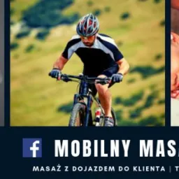 Kompozycja trzech zdjęć: mężczyzna z bólem pleców, rowerzysta górski i kobieta podczas masażu, uzupełniona logo 'Mobilny Masażysta' z informacją o dojeździe do klienta.