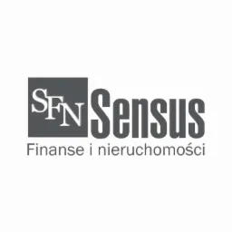 Szare logo firmy Sensus Finanse i nieruchomości z charakterystycznym kwadratem po lewej stronie nazwy.