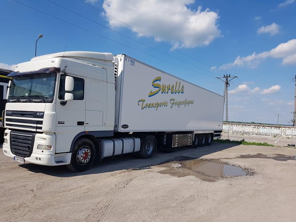 Biała ciężarówka chłodnia marki DAF XF z napisem 'Surelle Transports Frigorifiques' na naczepie, stojąca na placu z kałużą, w tle błękitne niebo z chmurami i słup energetyczny.