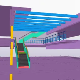 Wizualizacja 3D wnętrza budynku z klatką schodową, widoczne elementy konstrukcyjne w kolorach fioletowym, niebieskim, zielonym i żółtym.