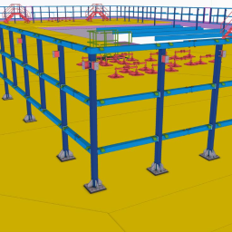 Biuro Inżynierskie PIN Maciej Lewandowski-Szewczyk - Wizualizacja 3D konstrukcji stalowej hali z elementami pomostów i schodów, widok z perspektywy.