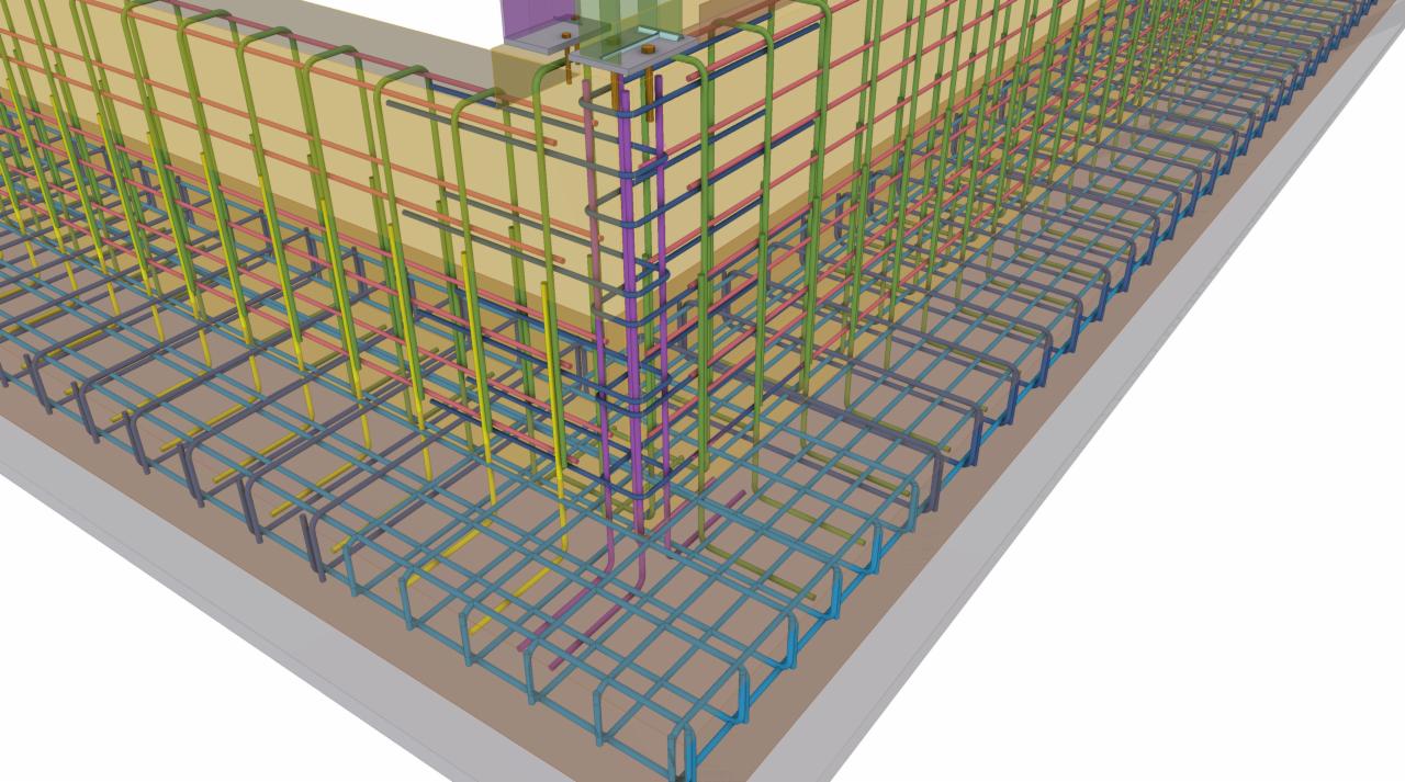 Wizualizacja 3D zbrojenia fundamentu z kolorowymi prętami, ukazująca siatkę stalową w betonie.