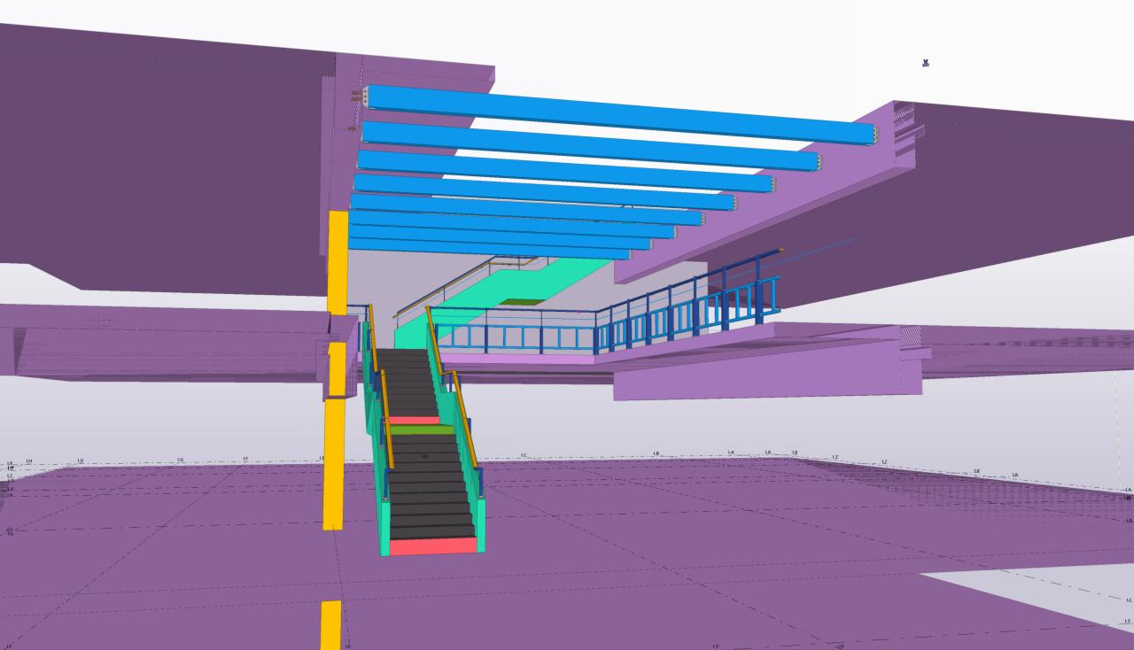 Wizualizacja 3D wnętrza budynku z klatką schodową, widoczne elementy konstrukcyjne w kolorach fioletowym, niebieskim, zielonym i żółtym.