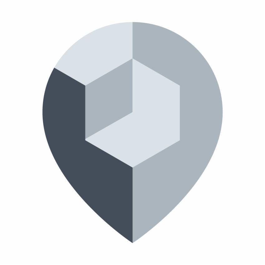 Abstrakcyjny, trójwymiarowy znacznik lokalizacji w odcieniach szarości, z geometrycznym sześcianem wewnątrz.