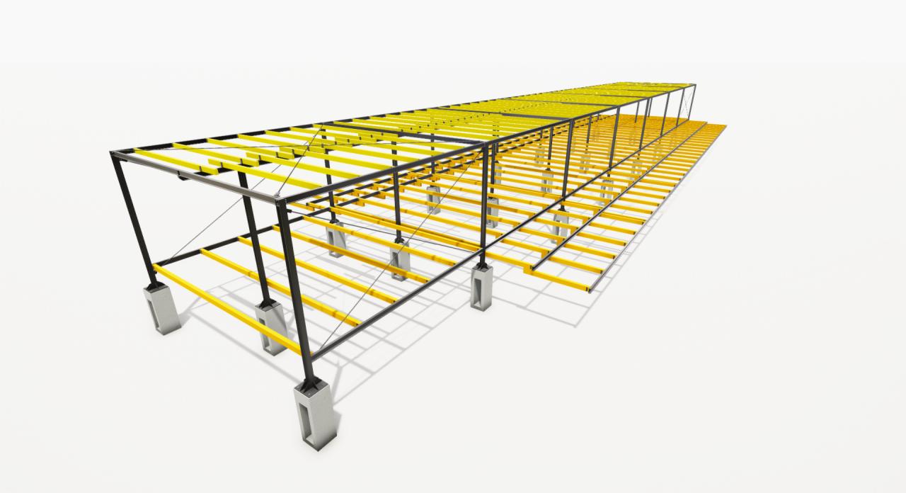 Wizualizacja 3D konstrukcji stalowej hali z żółtymi elementami wzmacniającymi, wspartej na betonowych fundamentach, na białym tle.
