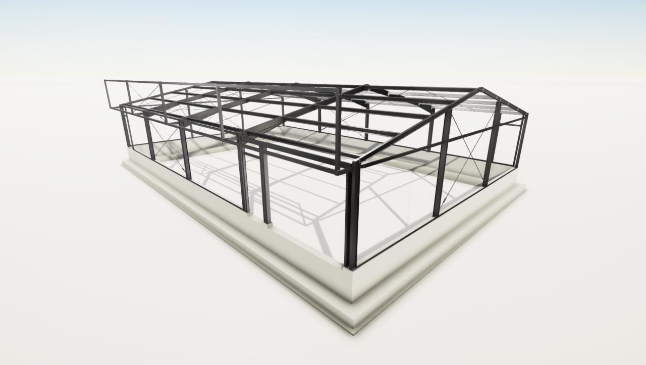 Wizualizacja szkieletu hali stalowej na niskiej betonowej podmurówce, widok z góry pod kątem, czarne profile, jasne tło.