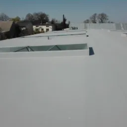 Jasnoszary, płaski dach przemysłowy z świetlikami w metalowych obudowach, widok z góry, budynki w tle.