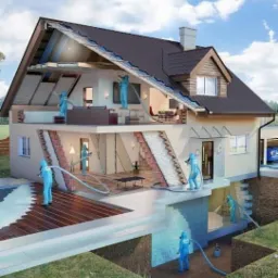 Przekrój domu jednorodzinnego ukazujący proces ocieplania różnych elementów: poddasza, ścian, fundamentów i podłóg przez pracowników w niebieskich kombinezonach ochronnych, używających węży...