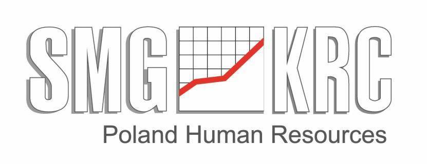 Logo firmy SMG KRC Poland Human Resources z wykresem wzrostowym na białym tle.