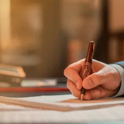 Ręka w mankiecie garnituru pisząca ozdobnym piórem na papierze w notatniku spiralnym, w tle biurko z akcesoriami biurowymi w ciepłym oświetleniu.