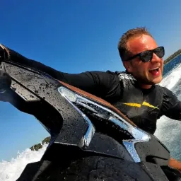 Mężczyzna w okularach przeciwsłonecznych, w czarnej kamizelce z żółtym paskiem, z szerokim uśmiechem pędzi na skuterze wodnym po błękitnej wodzie, z widokiem na zielony brzeg w oddali.