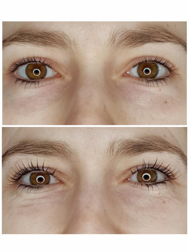 Porównanie wyglądu oczu przed i po zabiegu liftingu rzęs, uwydatniające różnicę w podkręceniu i wydłużeniu rzęs.