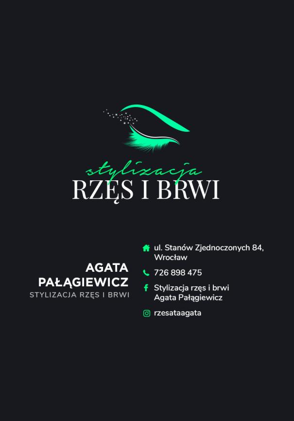 Logo salonu stylizacji rzęs i brwi Agaty Pałągiewicz z Wrocławia, z graficznym okiem w odcieniach zieleni i adresem ul. Stanów Zjednoczonych 84.