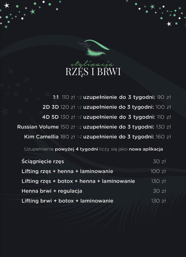 Cennik stylizacji rzęs i brwi z ofertą zabiegów 1:1, 2D 3D, 4D 5D, Russian Volume, Kim Camellia oraz liftingu rzęs i brwi z henną, botoksem i laminowaniem.