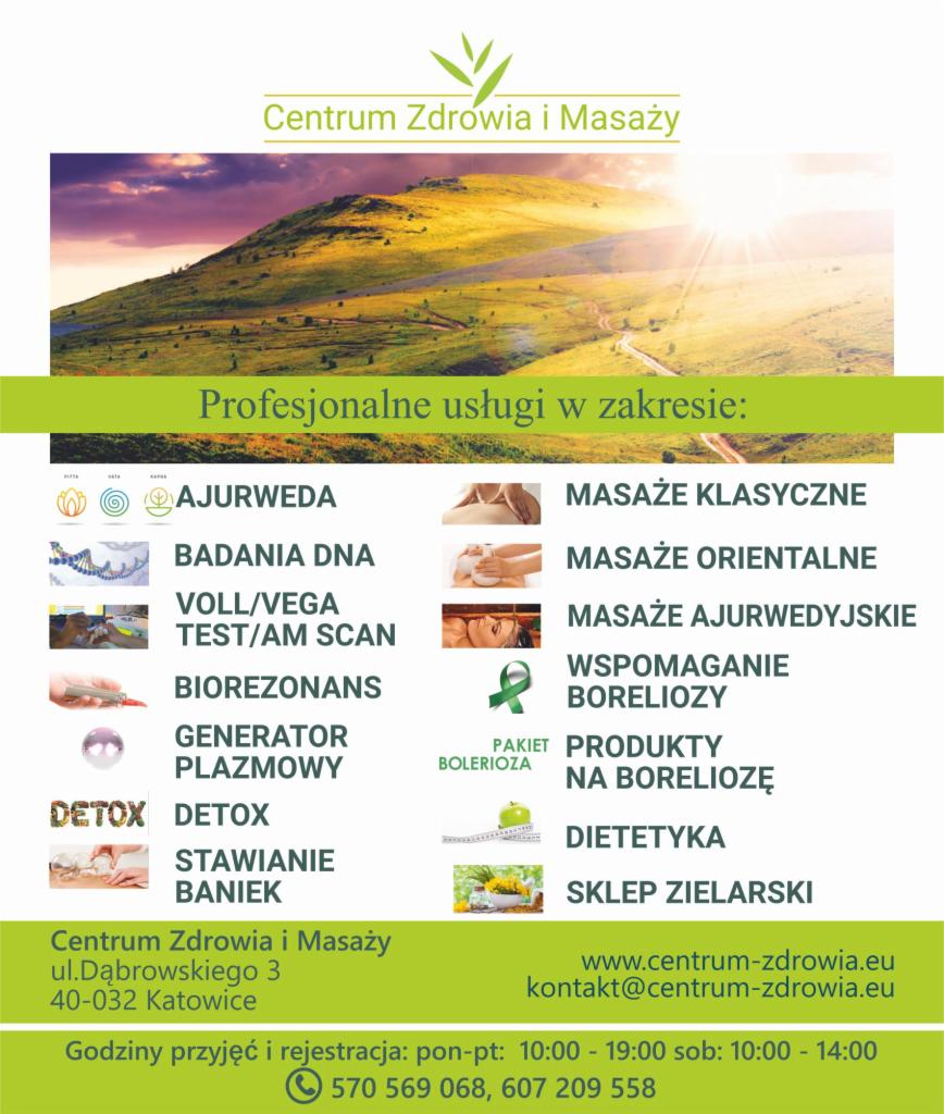 Plakat reklamowy Centrum Zdrowia i Masaży z ofertą ajurwedy, masaży, badań DNA, biorezonansu, generatora plazmowego, detoksu, stawiania baniek, wspomagania boreliozy, dietetyki i sklepu zielarskiego.
