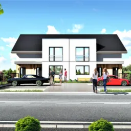 Wizualizacja nowoczesnego bliźniaka z płaskim dachem, z czarnym i czerwonym samochodem zaparkowanym przed wejściami, oraz grupą ludzi spacerujących w pobliżu.